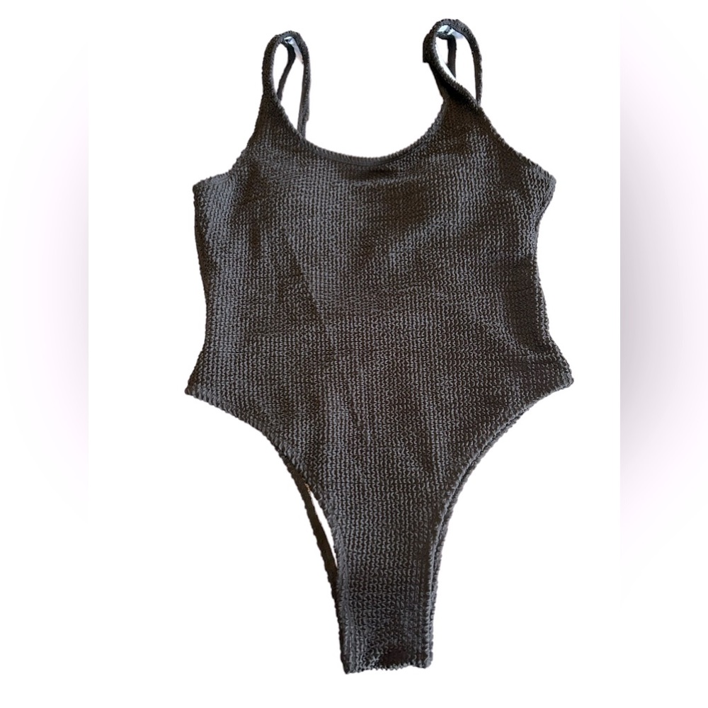 Classic black one piece swimsuit with high cut cheeky bottom ribbed material NWT